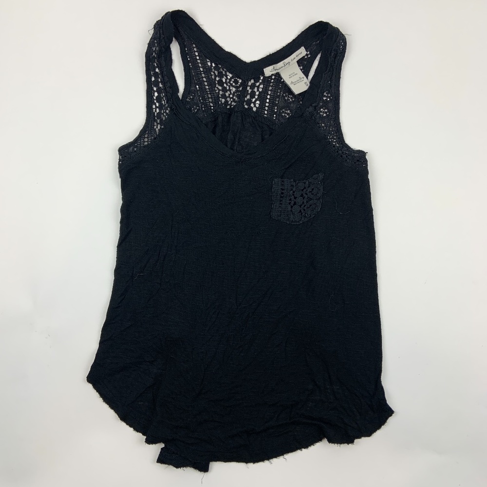 American Rag Tank Top Womens Small V Neck Black Crochet